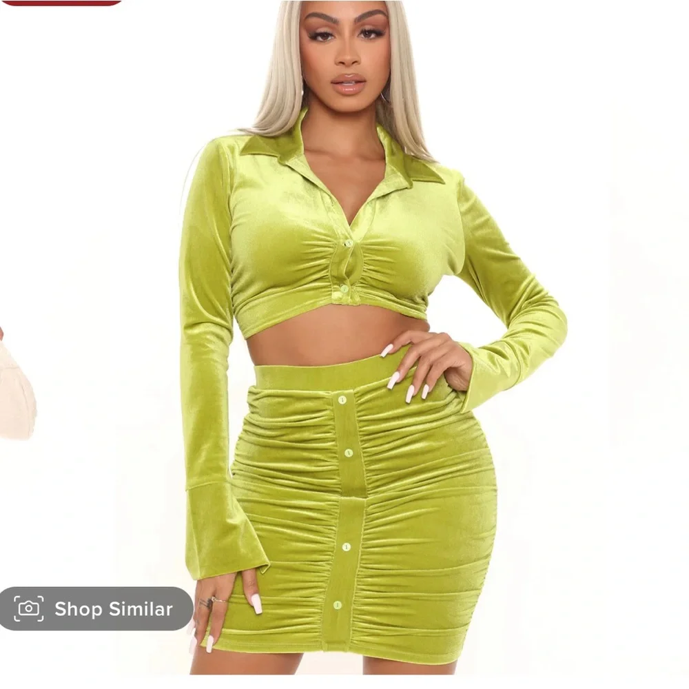Fashion Nova Green Velvet Skirt set - Picture 1 of 4